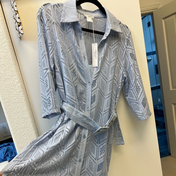 Venus Light Blue Chevron Overlay Belted Shirt Dress Women country lace - Picture 9 of 14